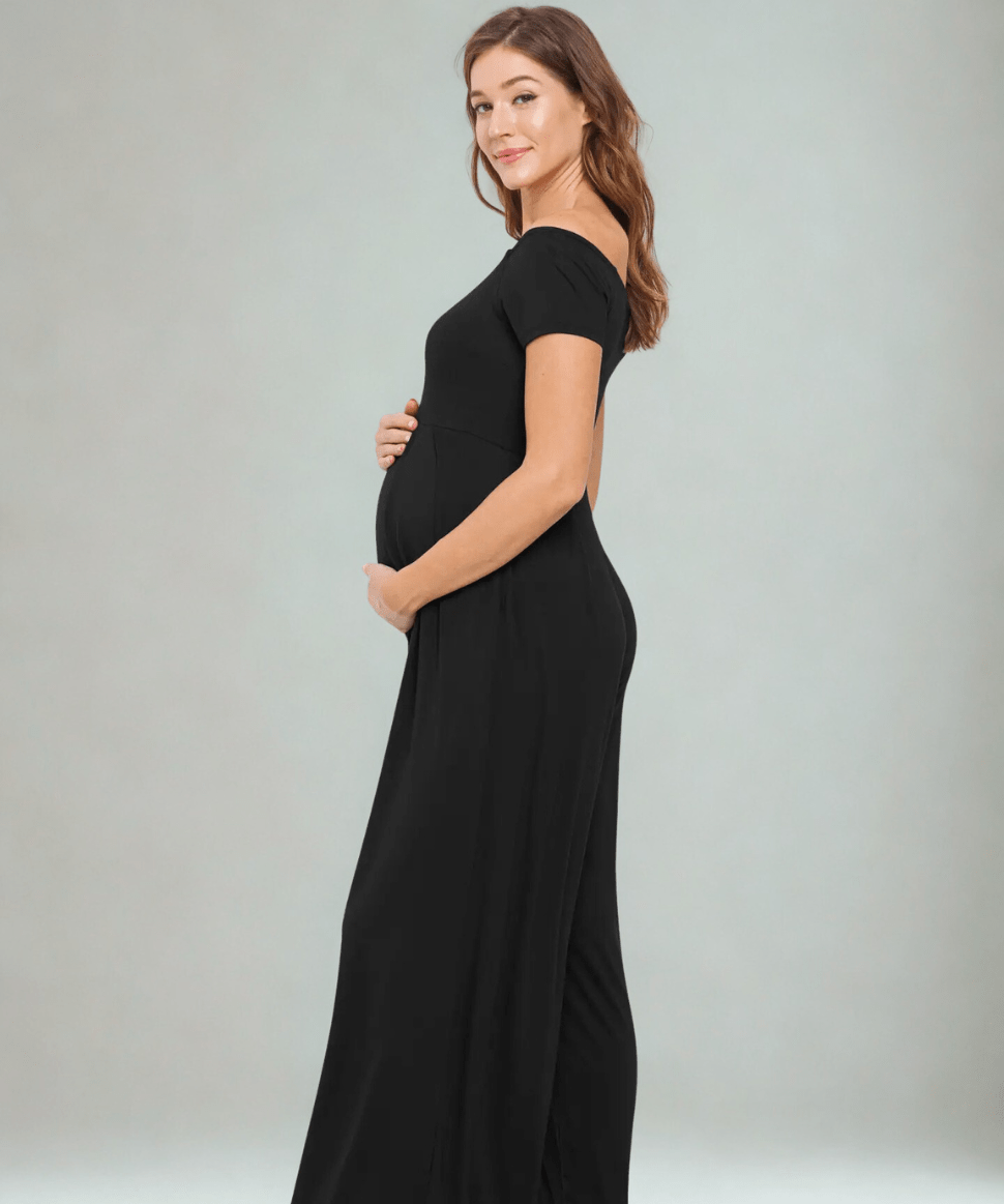 Off the Shoulder Wide Leg Maternity Jumpsuit Hello Miz Maternity and Nursing Preggi Central Maternity Shop