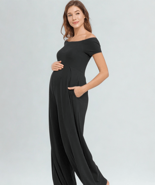 Off the Shoulder Wide Leg Maternity Jumpsuit Hello Miz Maternity and Nursing Preggi Central Maternity Shop