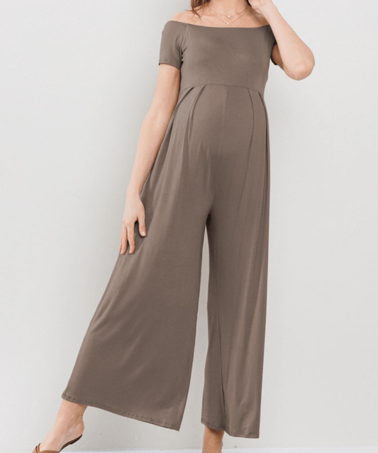 Off the Shoulder Wide Leg Maternity Jumpsuit - Taupe Hello Miz Maternity and Nursing Preggi Central Maternity Shop