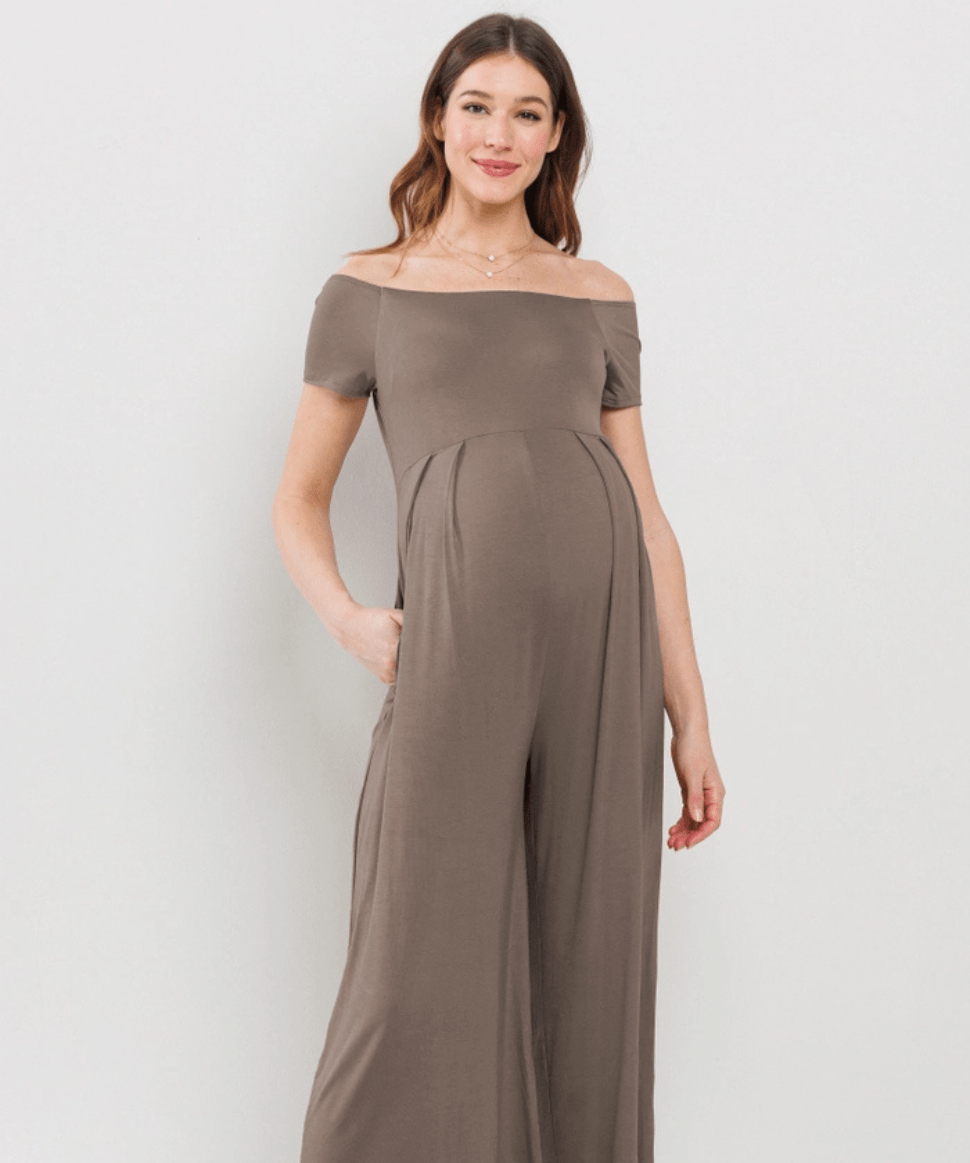 Off the Shoulder Wide Leg Maternity Jumpsuit - Taupe Hello Miz Maternity and Nursing Preggi Central Maternity Shop