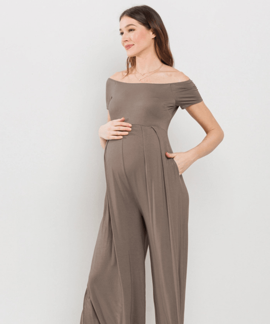 Off the Shoulder Wide Leg Maternity Jumpsuit - Taupe Hello Miz Maternity and Nursing Preggi Central Maternity Shop
