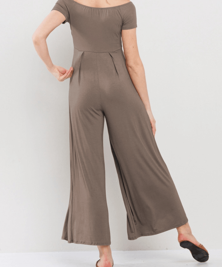 Off the Shoulder Wide Leg Maternity Jumpsuit - Taupe Hello Miz Maternity and Nursing Preggi Central Maternity Shop