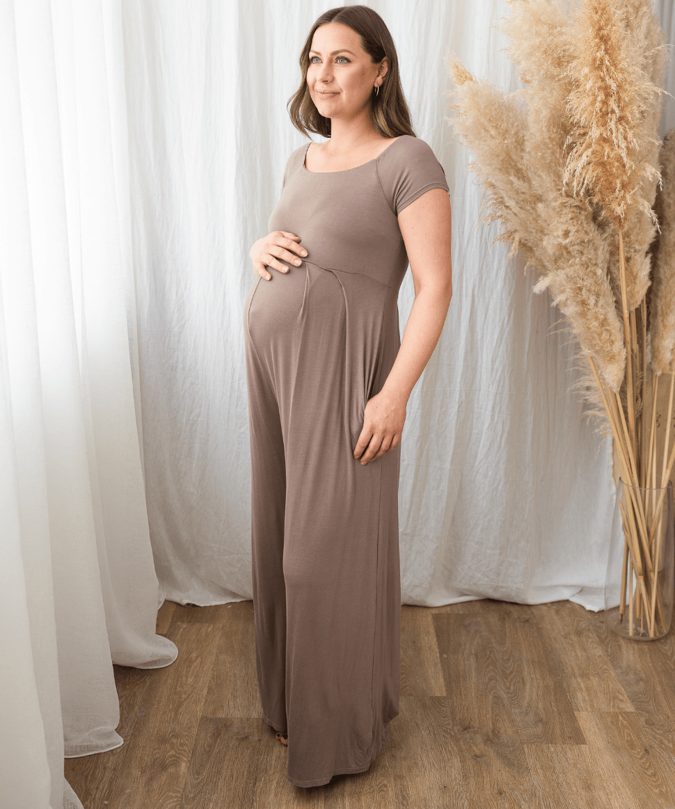 Off the Shoulder Wide Leg Maternity Jumpsuit - Taupe Hello Miz Maternity and Nursing Preggi Central Maternity Shop