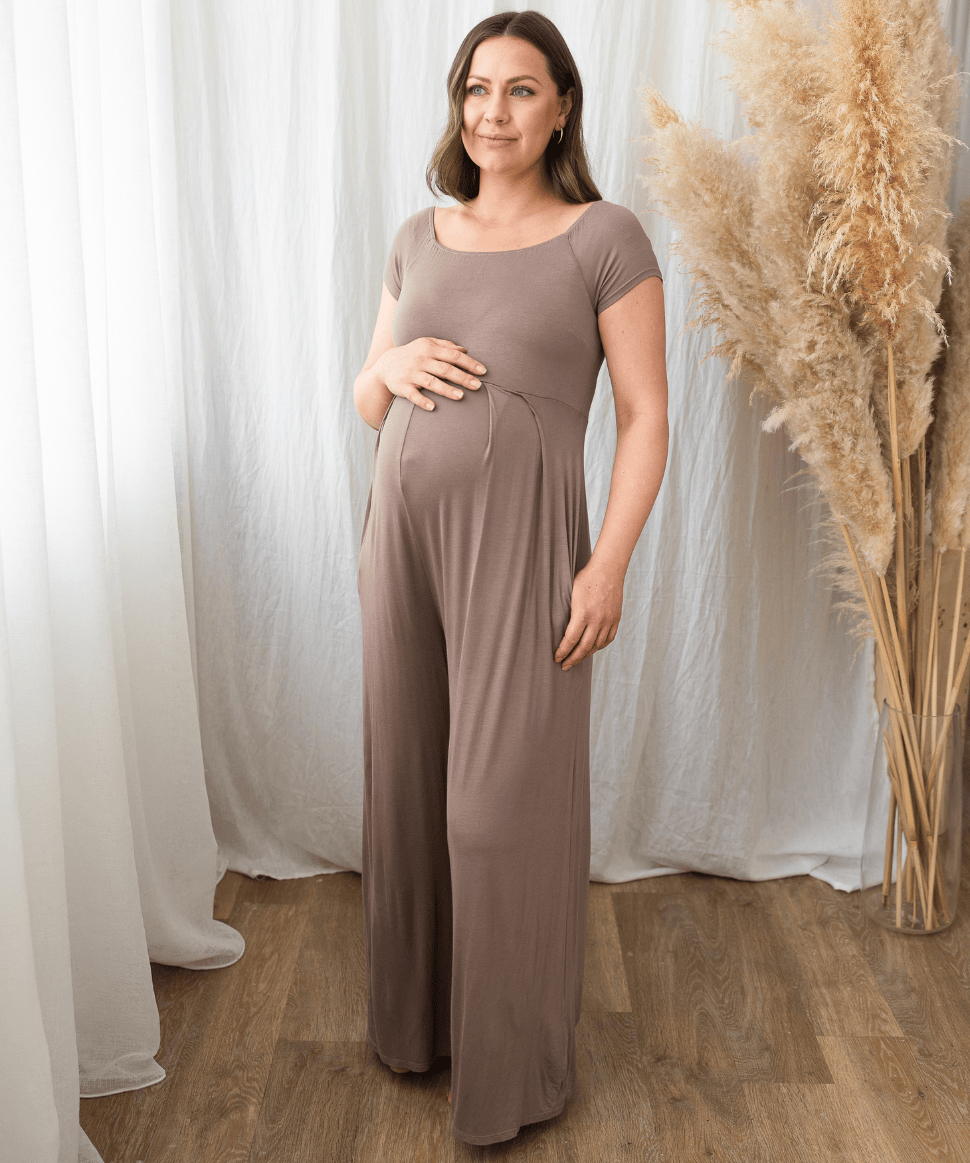 Off the Shoulder Wide Leg Maternity Jumpsuit - Taupe Hello Miz Maternity and Nursing Preggi Central Maternity Shop