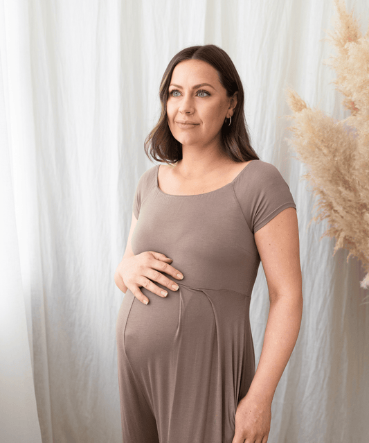 Off the Shoulder Wide Leg Maternity Jumpsuit - Taupe Hello Miz Maternity and Nursing Preggi Central Maternity Shop