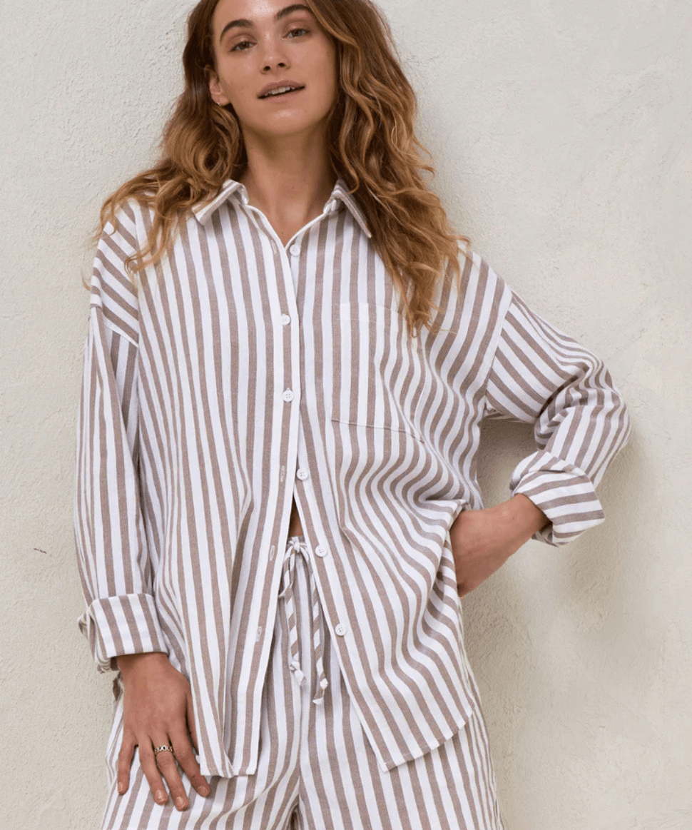 Perpetual Stripe Shirt - Mocha Stripe BAE the label Maternity and Nursing Preggi Central Maternity Shop