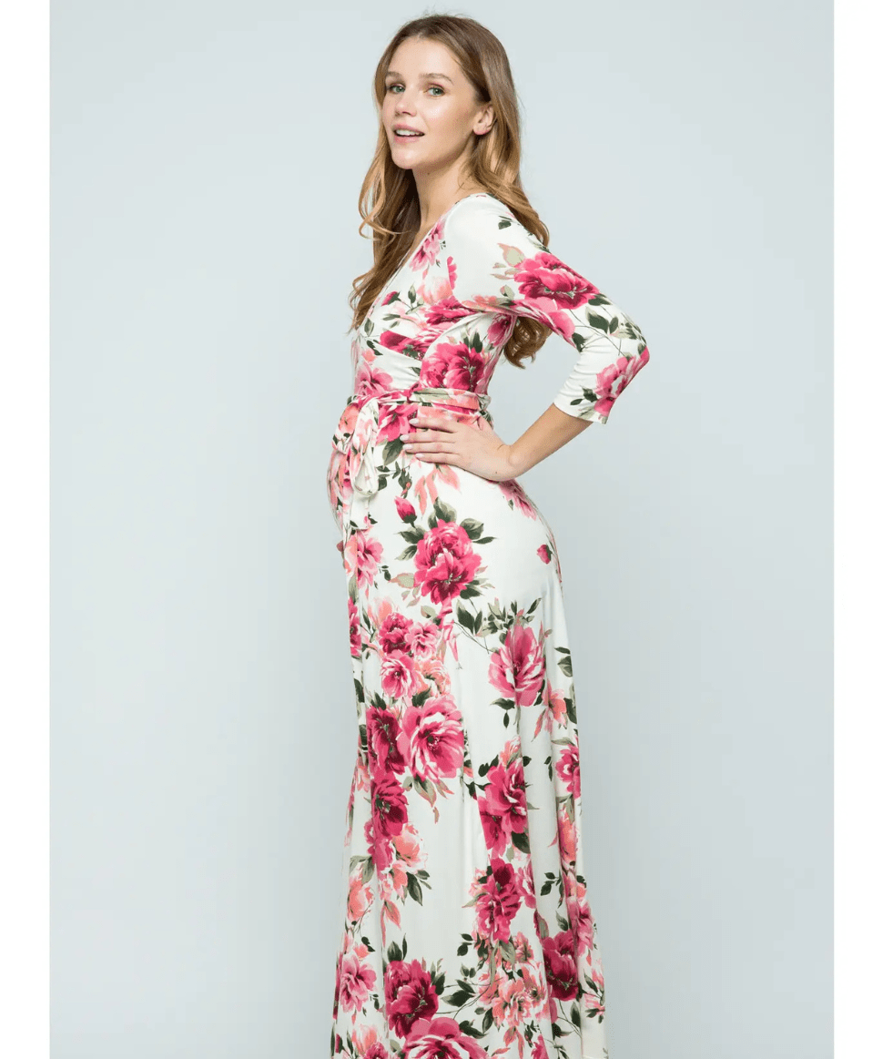 Pink-White Floral Surplice Nursing Maxi Dress Hello Miz Maternity and Nursing Preggi Central Maternity Shop