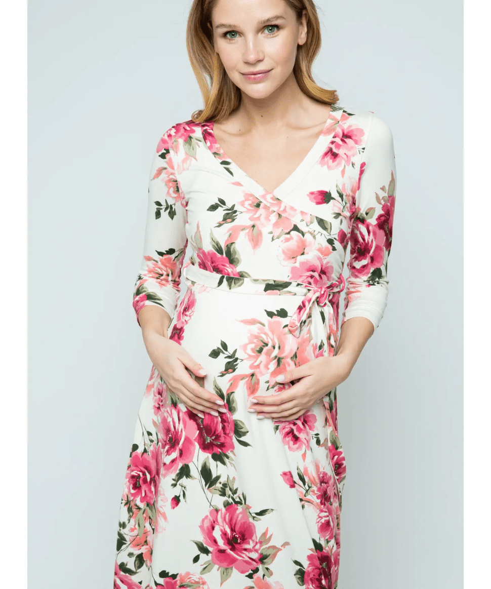 Pink-White Floral Surplice Nursing Maxi Dress Hello Miz Maternity and Nursing Preggi Central Maternity Shop