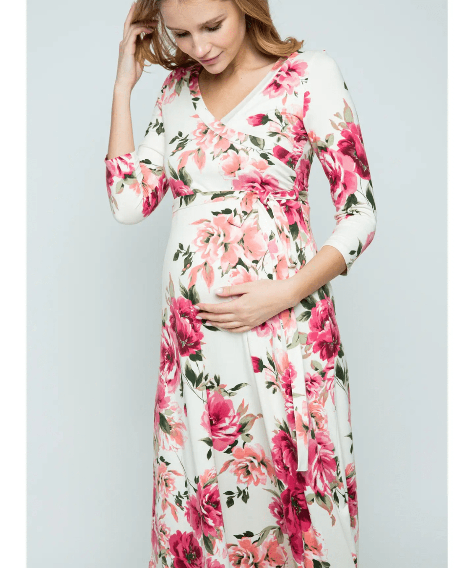 Pink-White Floral Surplice Nursing Maxi Dress Hello Miz Maternity and Nursing Preggi Central Maternity Shop