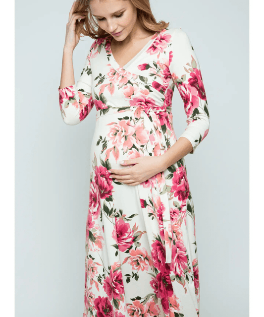 Pink-White Floral Surplice Nursing Maxi Dress Hello Miz Maternity and Nursing Preggi Central Maternity Shop