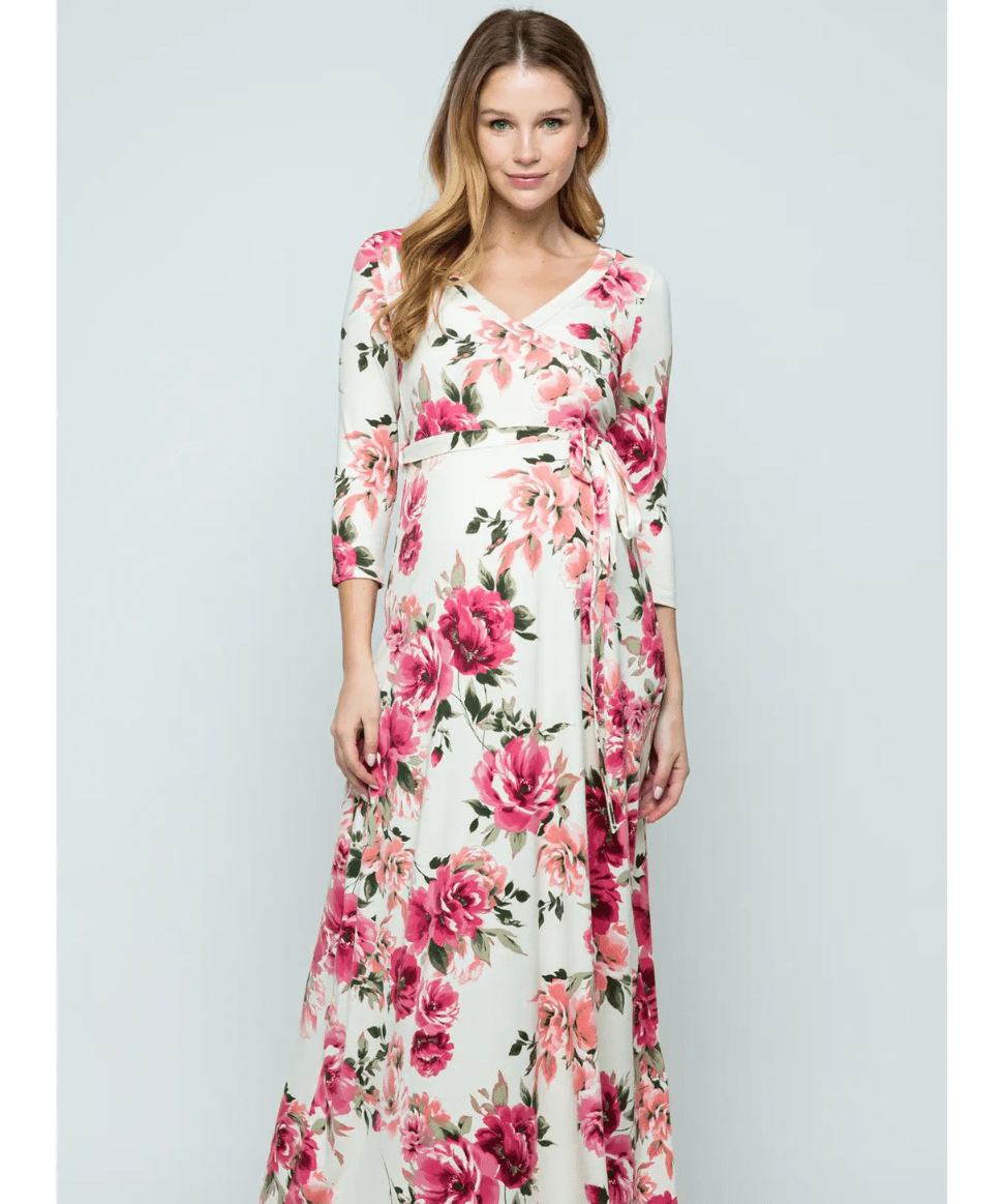 Pink-White Floral Surplice Nursing Maxi Dress Hello Miz Maternity and Nursing Preggi Central Maternity Shop