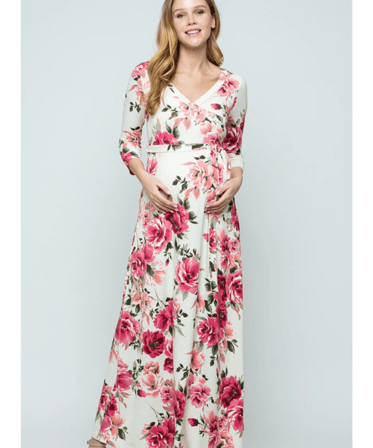 Pink-White Floral Surplice Nursing Maxi Dress Hello Miz Maternity and Nursing Preggi Central Maternity Shop
