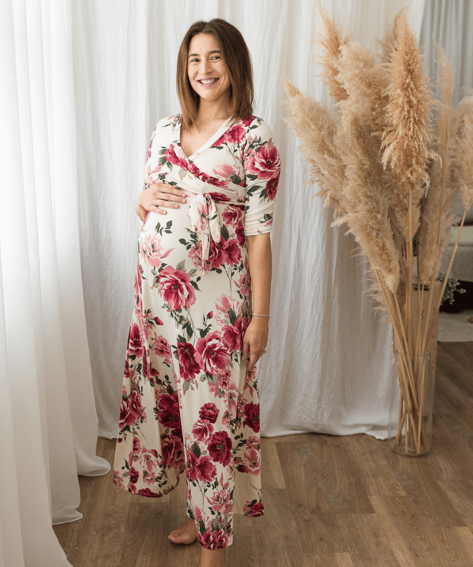 Pink-White Floral Surplice Nursing Maxi Dress Hello Miz Maternity and Nursing Preggi Central Maternity Shop