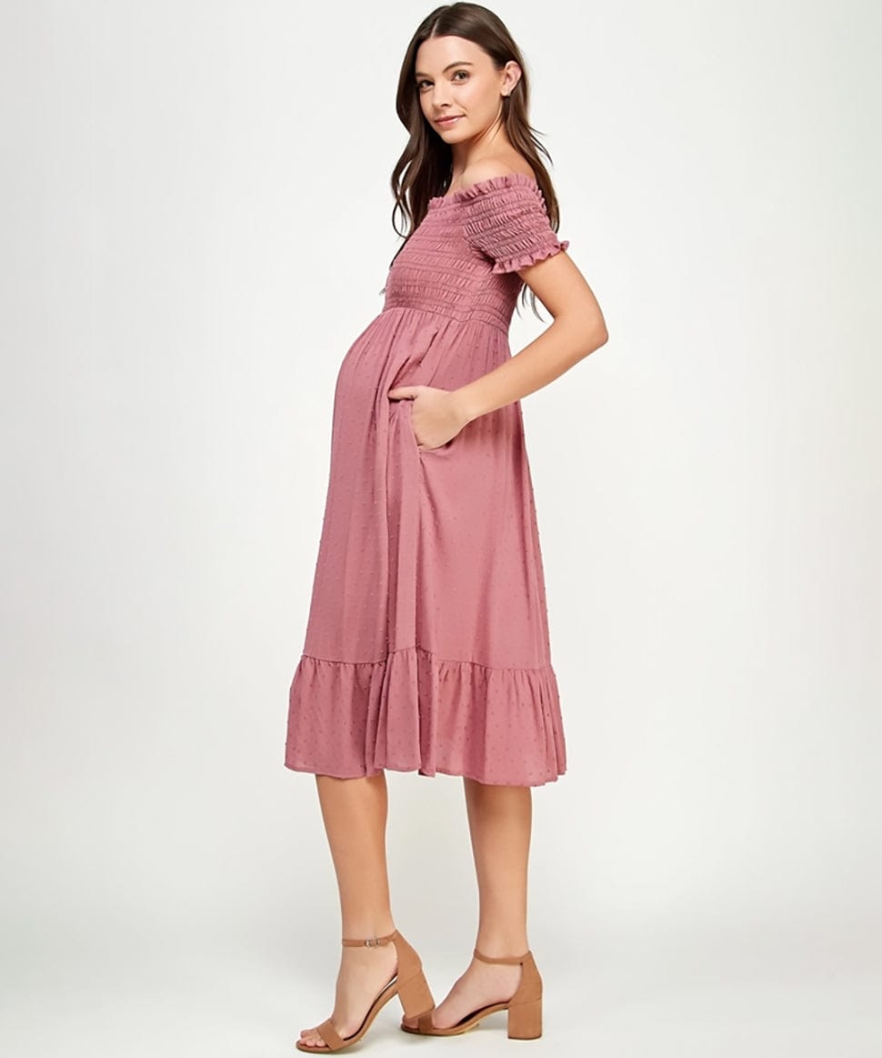 Smocked Off Shoulder Maternity Midi Dress Hello Miz Maternity and Nursing Preggi Central Maternity Shop
