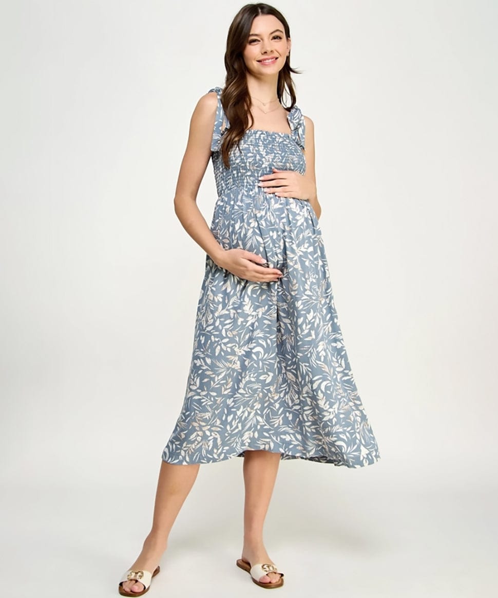 Tropical Print Tie Sleeve Smocking Maternity Midi Dress Hello Miz Maternity and Nursing Preggi Central Maternity Shop