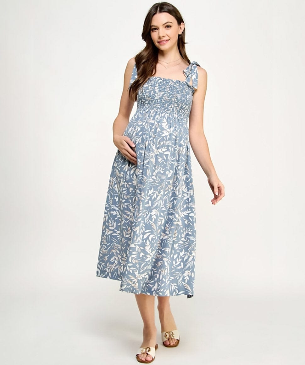 Tropical Print Tie Sleeve Smocking Maternity Midi Dress Hello Miz Maternity and Nursing Preggi Central Maternity Shop