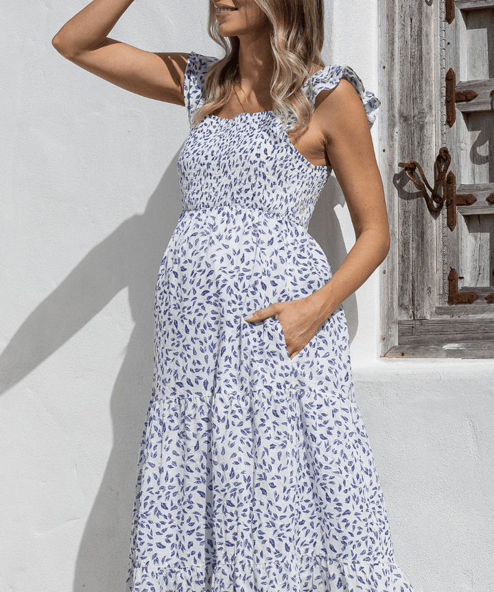 Clémence Blue Leaf Cotton Maternity Midi Dress – Bump-Friendly Summer Dress Angel Maternity Maternity Preggi Central Maternity Shop