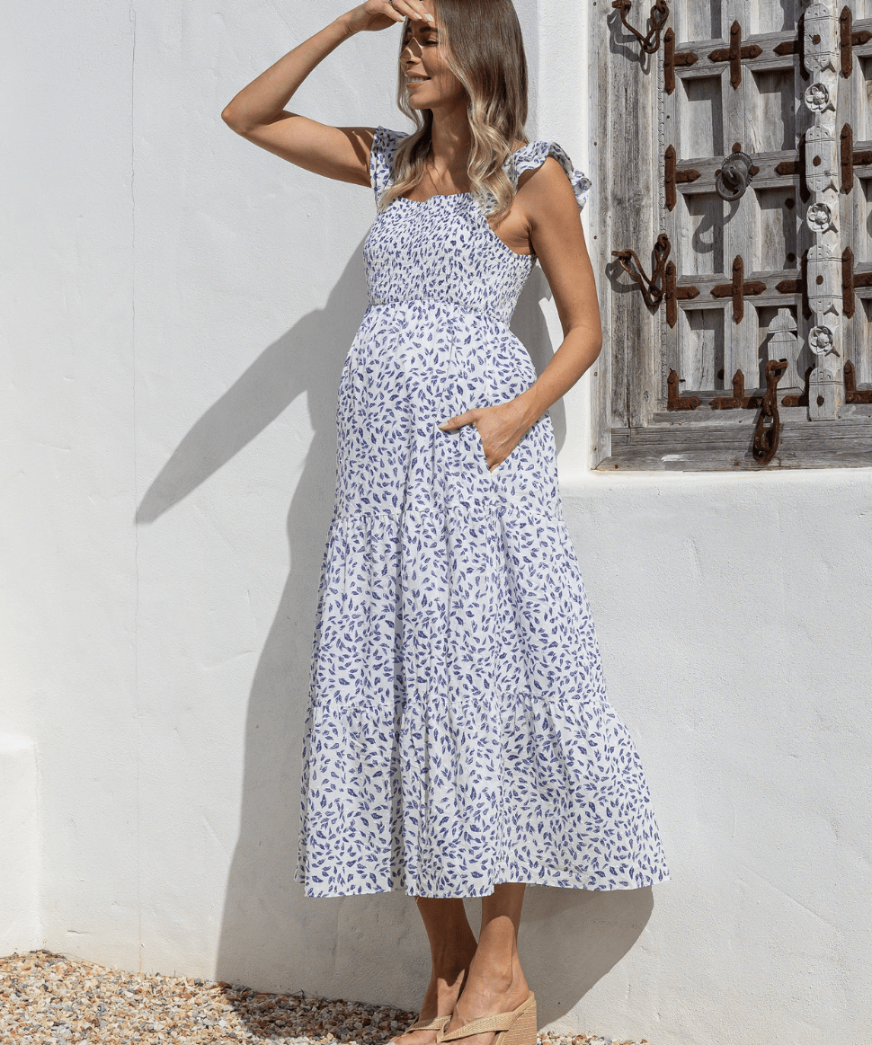 Clémence Blue Leaf Cotton Maternity Midi Dress – Bump-Friendly Summer Dress Angel Maternity Maternity Preggi Central Maternity Shop