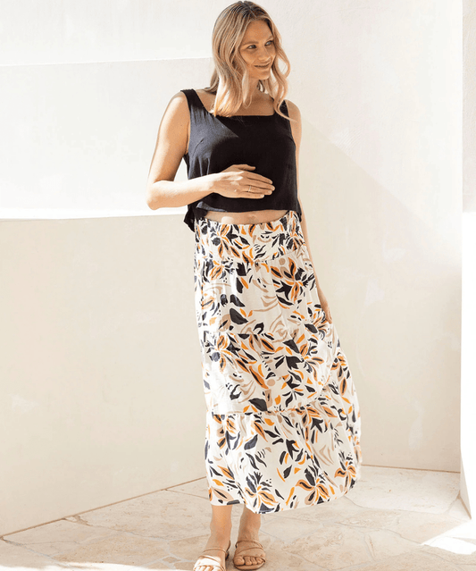 Ellie Maternity Shirred Maxi Skirt in Orange Leaf Angel Maternity Maternity Preggi Central Maternity Shop