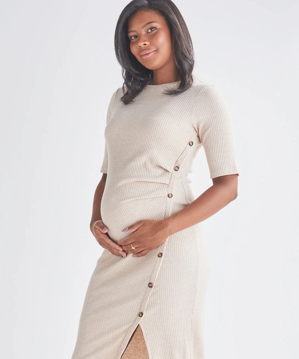 Juliet Maternity Bodycon Dress with Side Button Detail in Cream Preggi Central Juliet Maternity Bodycon Dress with Side Button Detail in Cream Preggi Central