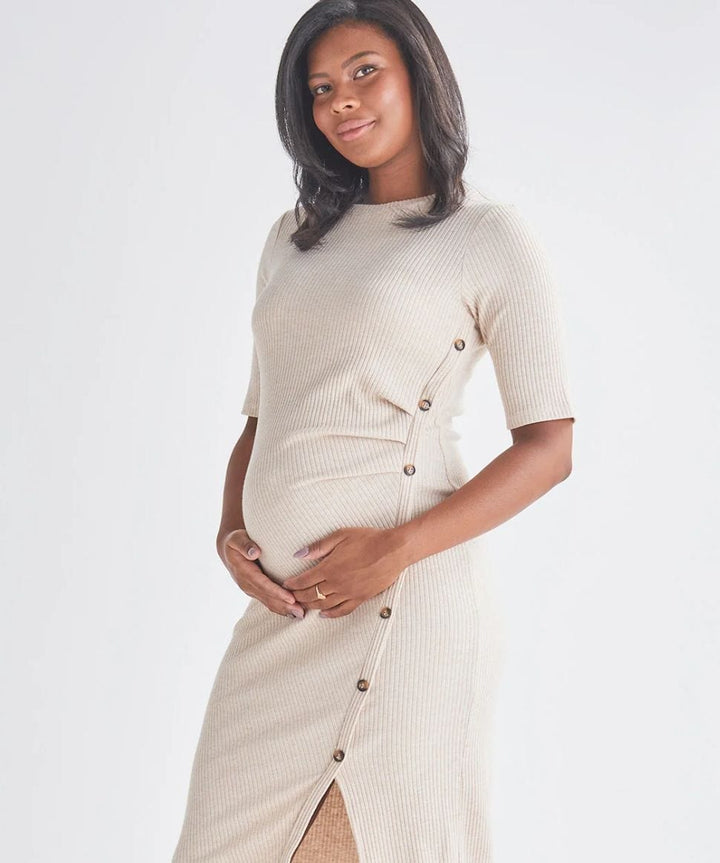 Juliet Maternity Bodycon Dress with Side Button Detail in Cream Angel Maternity Maternity Preggi Central Maternity Shop