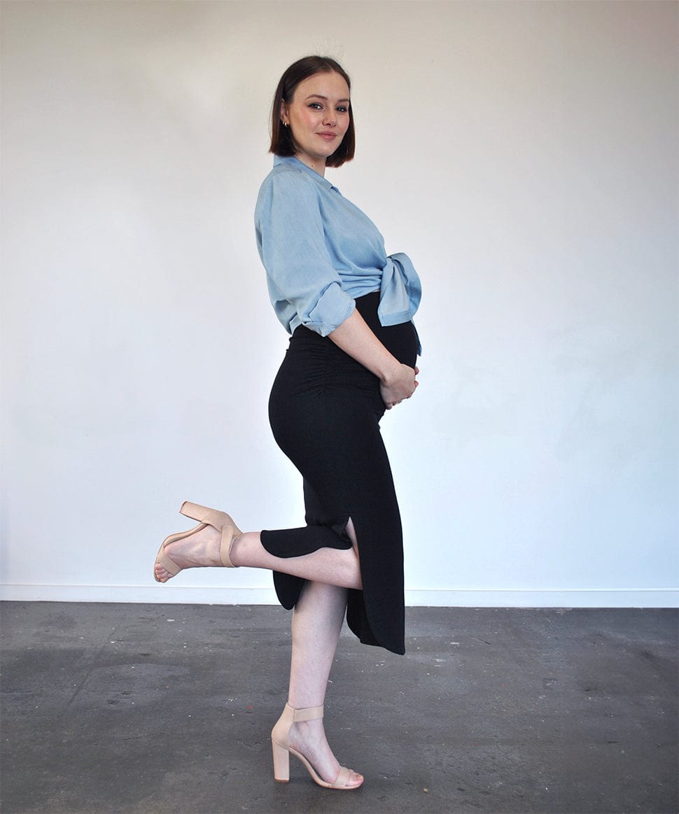 Over-Bump Black Midi Maternity Skirt Around April Maternity Preggi Central Maternity Shop