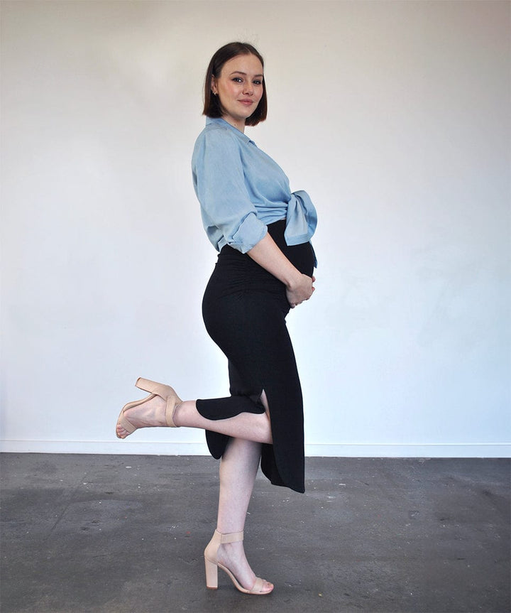Over-Bump Black Midi Maternity Skirt Around April Maternity Preggi Central Maternity Shop