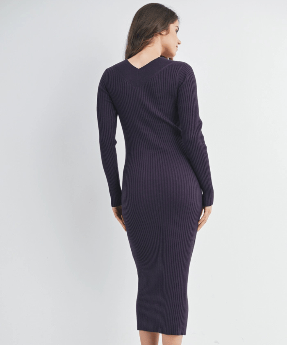 Ribbed V-Neck Long Sleeve Maternity Midi Dress Hello Miz Maternity Preggi Central Maternity Shop