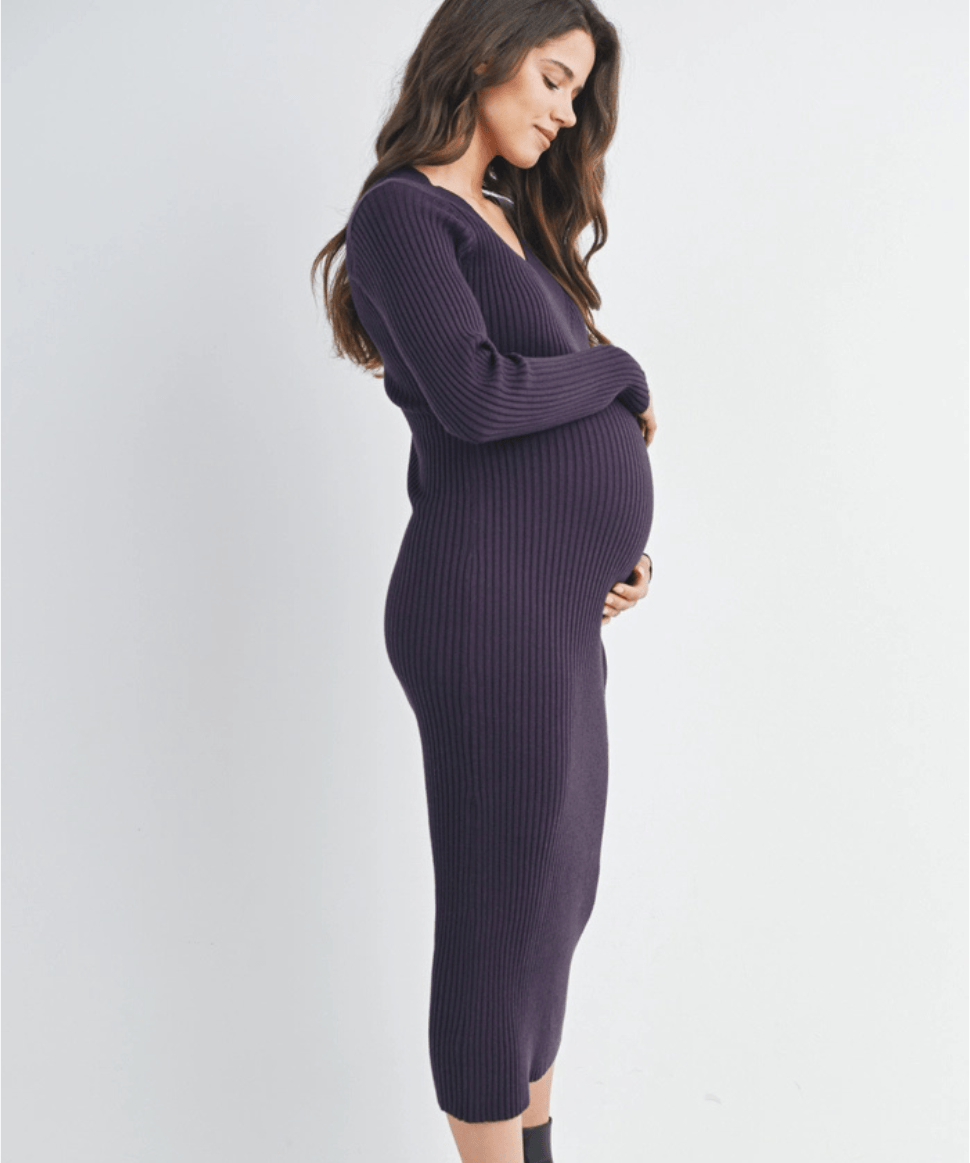 Ribbed V-Neck Long Sleeve Maternity Midi Dress Hello Miz Maternity Preggi Central Maternity Shop
