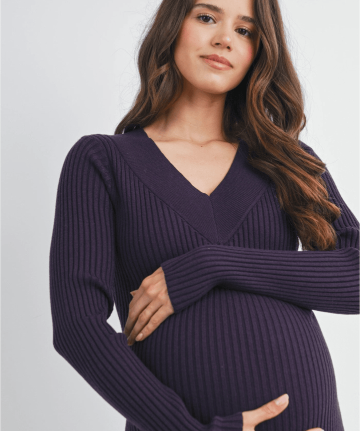 Ribbed V-Neck Long Sleeve Maternity Midi Dress Hello Miz Maternity Preggi Central Maternity Shop