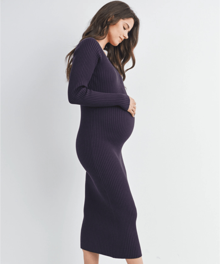 Ribbed V-Neck Long Sleeve Maternity Midi Dress Hello Miz Maternity Preggi Central Maternity Shop