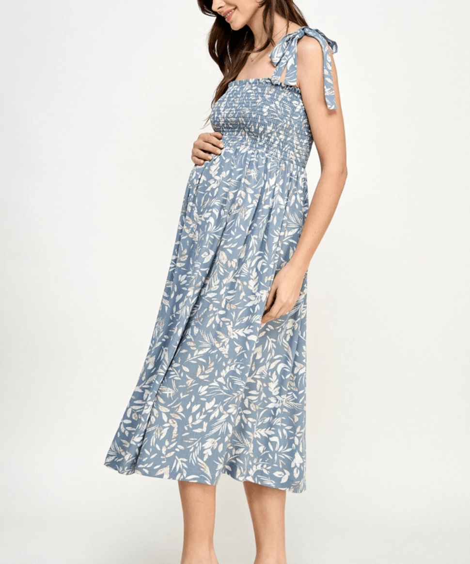 Smocked Sleeveless Maternity Midi Dress Hello Miz Maternity Preggi Central Maternity Shop