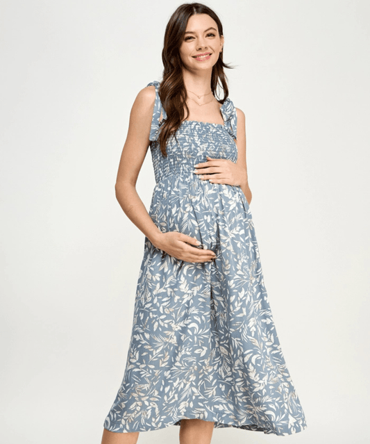 Smocked Sleeveless Maternity Midi Dress Hello Miz Maternity Preggi Central Maternity Shop