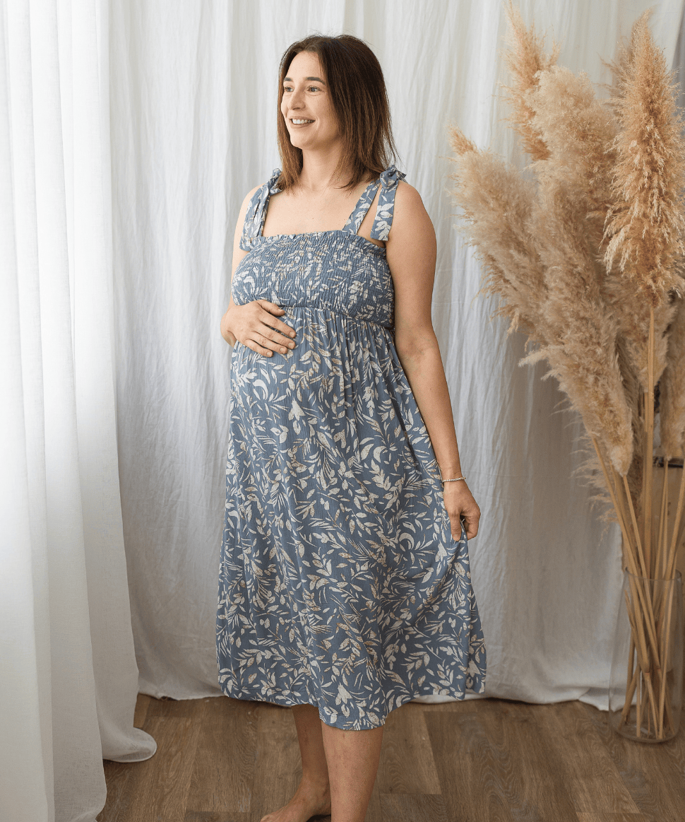 Smocked Sleeveless Maternity Midi Dress Hello Miz Maternity Preggi Central Maternity Shop