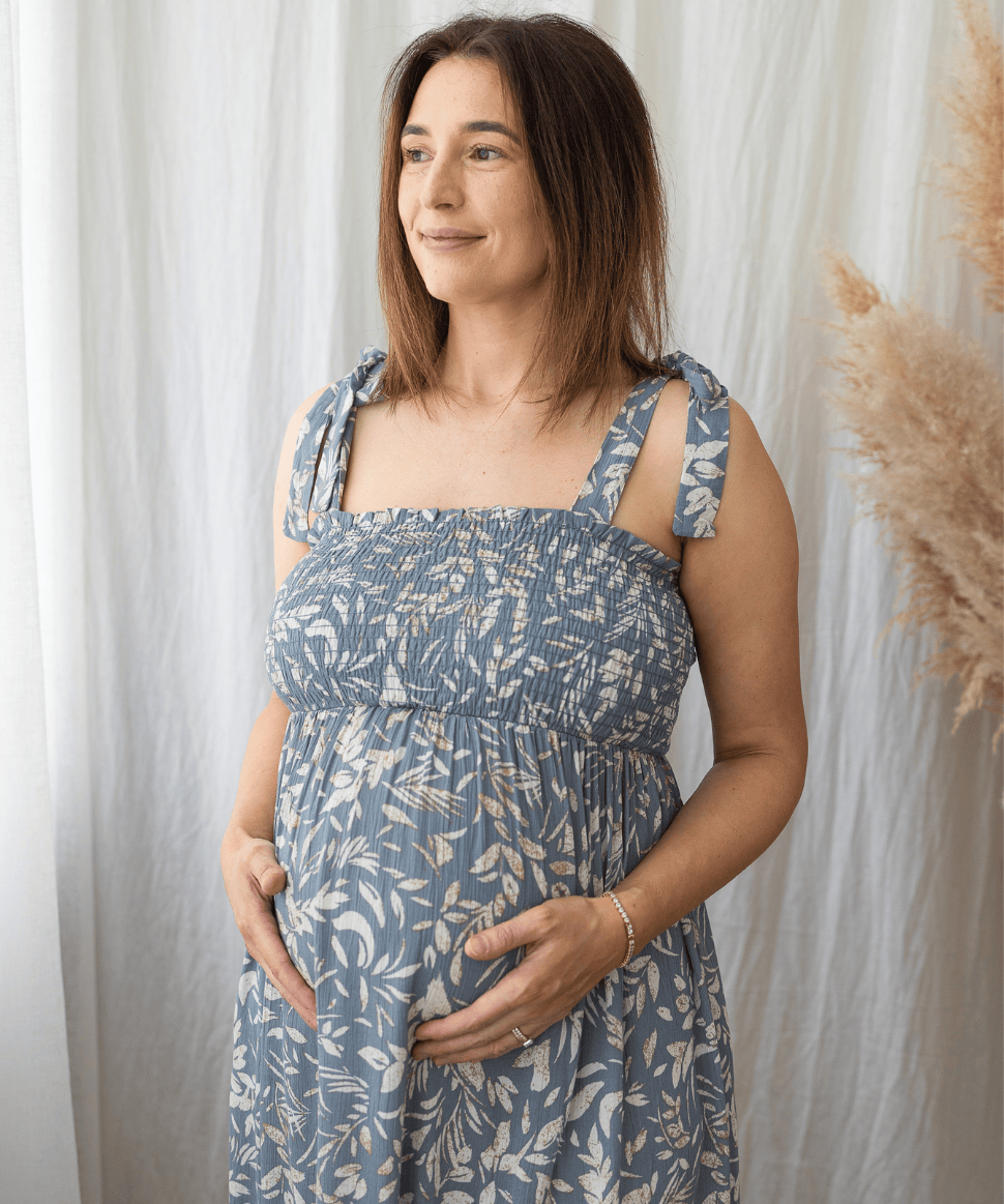 Smocked Sleeveless Maternity Midi Dress Hello Miz Maternity Preggi Central Maternity Shop