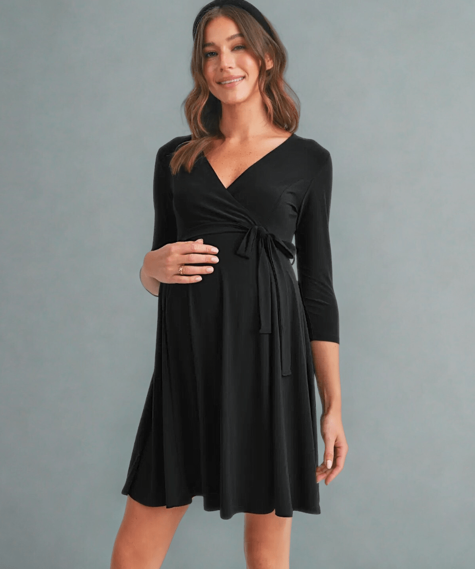 Surplice Quarter Sleeve Nursing Waist Tie Dress Hello Miz Maternity Preggi Central Maternity Shop
