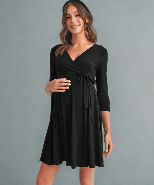 Surplice Quarter Sleeve Nursing Waist Tie Dress Hello Miz Maternity Preggi Central Maternity Shop