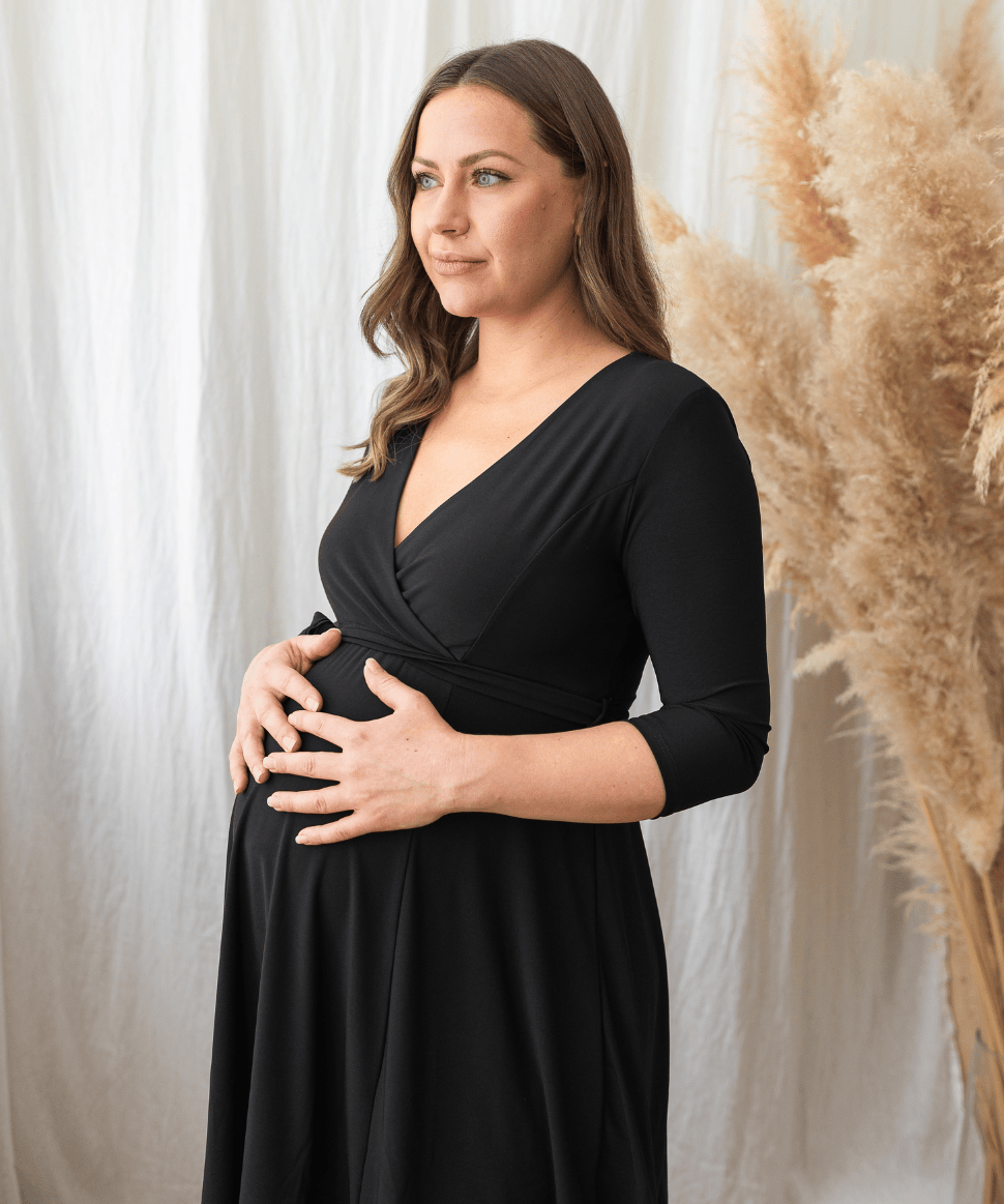 Surplice Quarter Sleeve Nursing Waist Tie Dress Hello Miz Maternity Preggi Central Maternity Shop