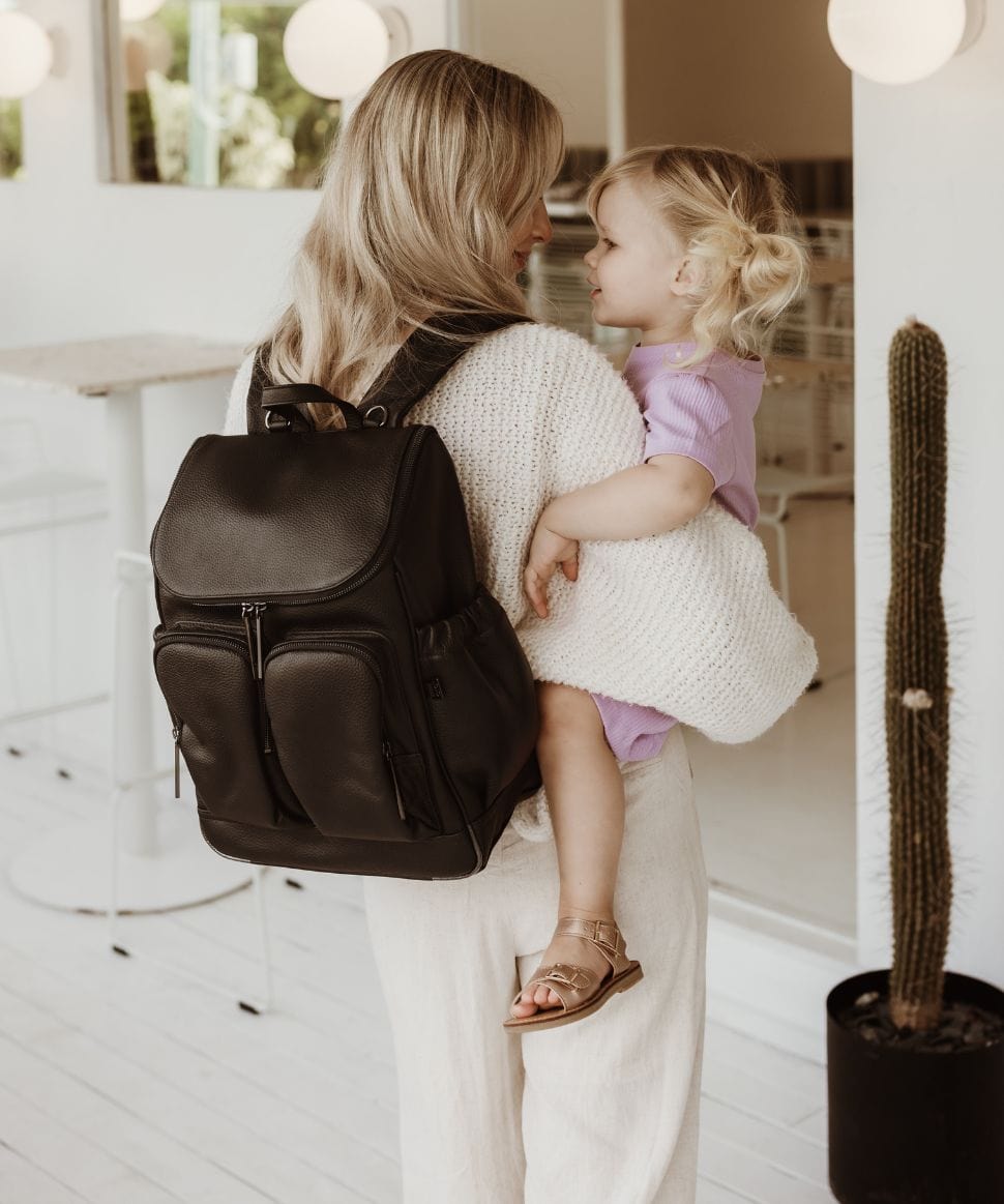 Signature Nappy Backpack - Jet Black Genuine Leather OiOi Other 9328046008172 Preggi Central Maternity Shop