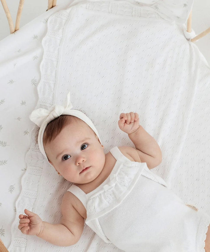 White Ruffle Knit Romper Aster &amp; Oak Baby Preggi Central Maternity Shop