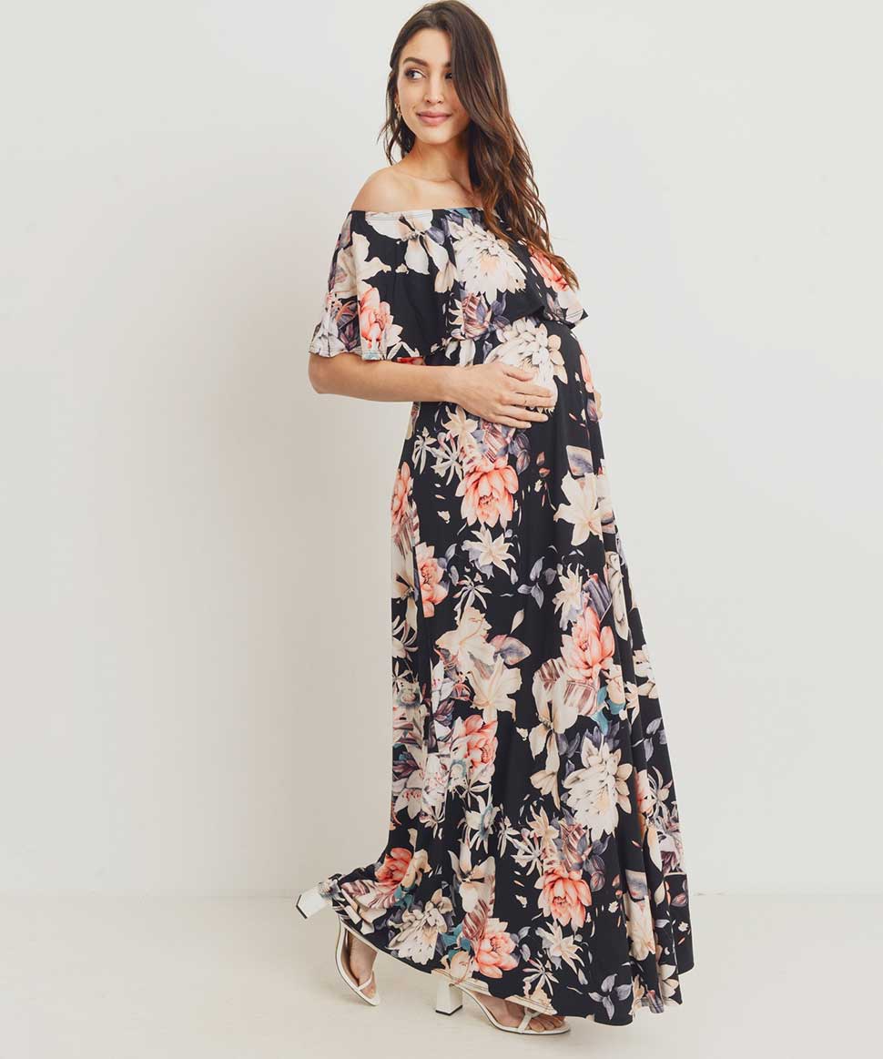 Floral Ruffle Off Shoulder Maxi Dress Hello Miz Maternity and Nursing Preggi Central Maternity Shop
