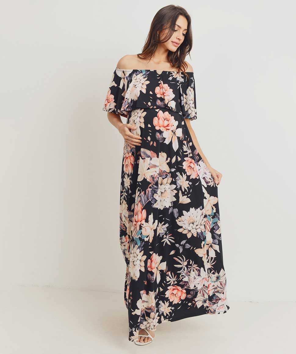 Floral Ruffle Off Shoulder Maxi Dress Hello Miz Maternity and Nursing Preggi Central Maternity Shop