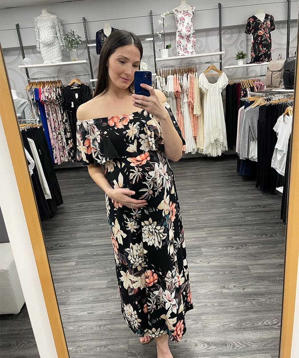 Floral Ruffle Off Shoulder Maxi Dress Hello Miz Maternity and Nursing Preggi Central Maternity Shop