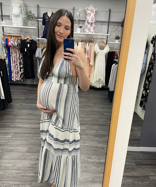 Striped Shoulder Tie Maxi Dress En Crème Maternity Preggi Central Maternity Shop