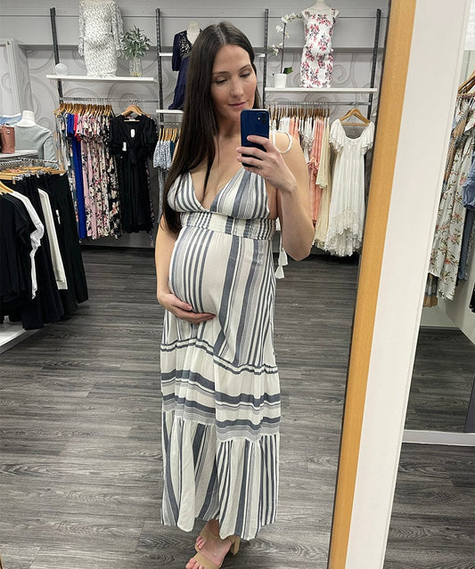 Striped Shoulder Tie Maxi Dress En Crème Maternity Preggi Central Maternity Shop